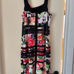 Adrianna Papell Red and Pink Sleeveless Square Neck Midi Dress